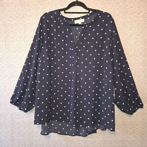PHILOSOPHY Button Up Blouse Women's 3X Polka Dot Hearts Navy Blue Anthropologie